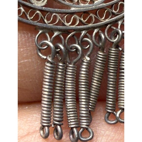 Vintage Handmade Silver Filigree Dangle Earrings With Intricate Swirl Design & D - Picture 11 of 11